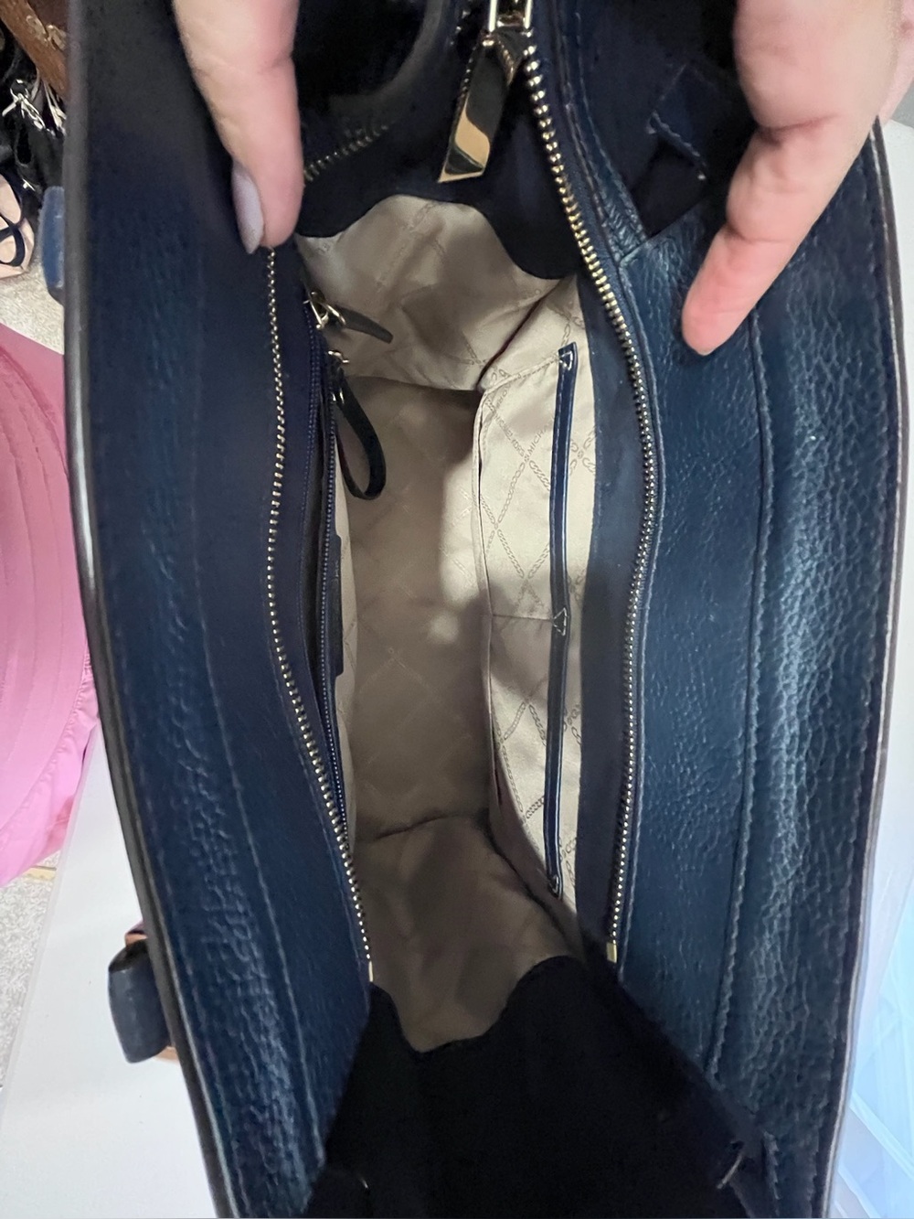 Michael Kors Hamilton Traveler Brown Navy Stripe Logo Leather Large Satchel - Picture 8 of 10
